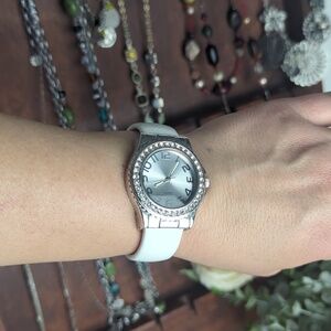 White Cuff Watch Rhinestone Bezel Statement Watch Oversized Face Fashion Watch